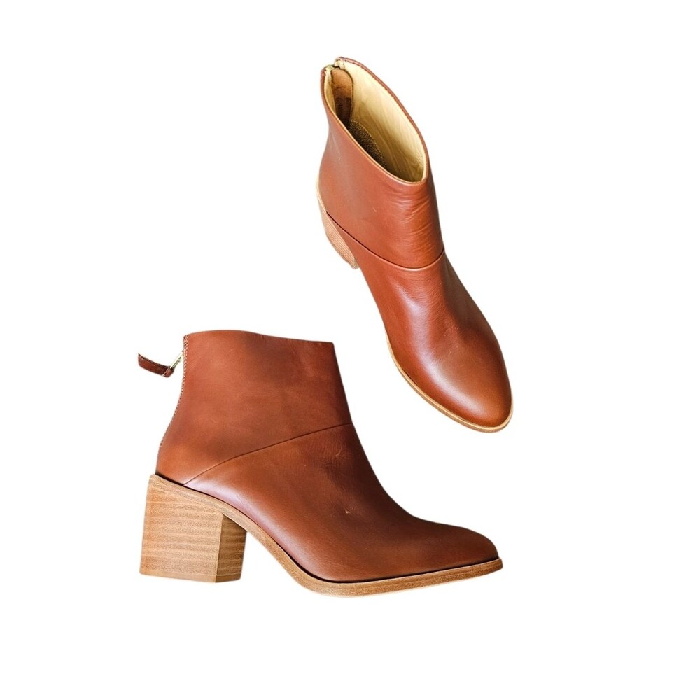 Nisolo Cognac Brown Leather Stacked Heel Ankle Boots Size 7.5 - Picture 8 of 8